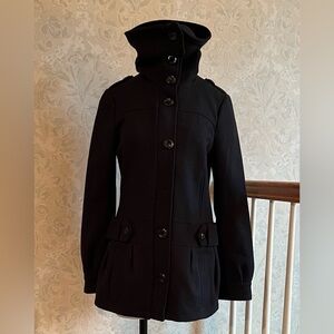 Women's Black High-Collar Wool Coat - Size 8
